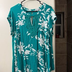 Daniel Rainn Teal and White Floral Blouse